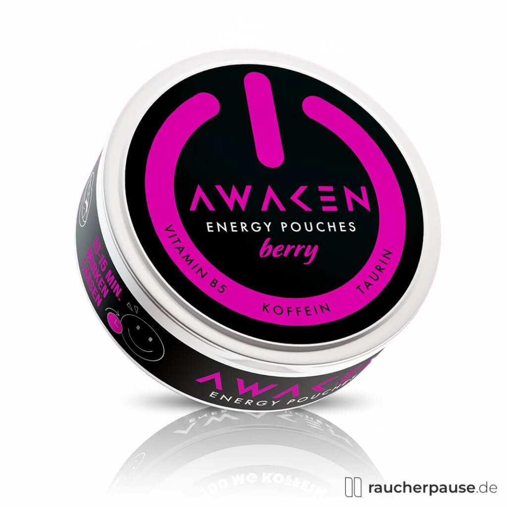 Awaken Berry Energy Pouches in schwarzer Dose mit pinkem Power-Schalter-Logo und 50 mg Koffein pro Stück, 20 Stück pro Packung.