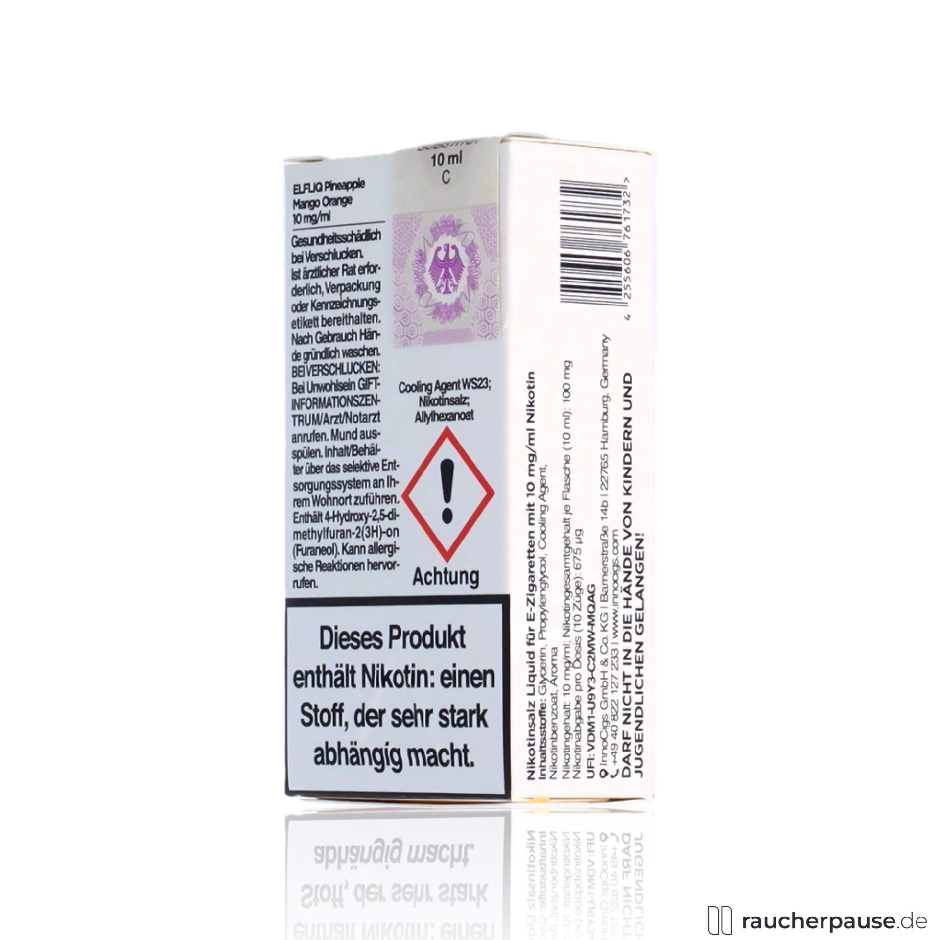 ELFBAR ELFLIQ Pineapple Mango Orange, 10mg Nikotinsalz, 10ml Liquid in weißer Dose mit lila Logo und schwarzer, lila Schrift.