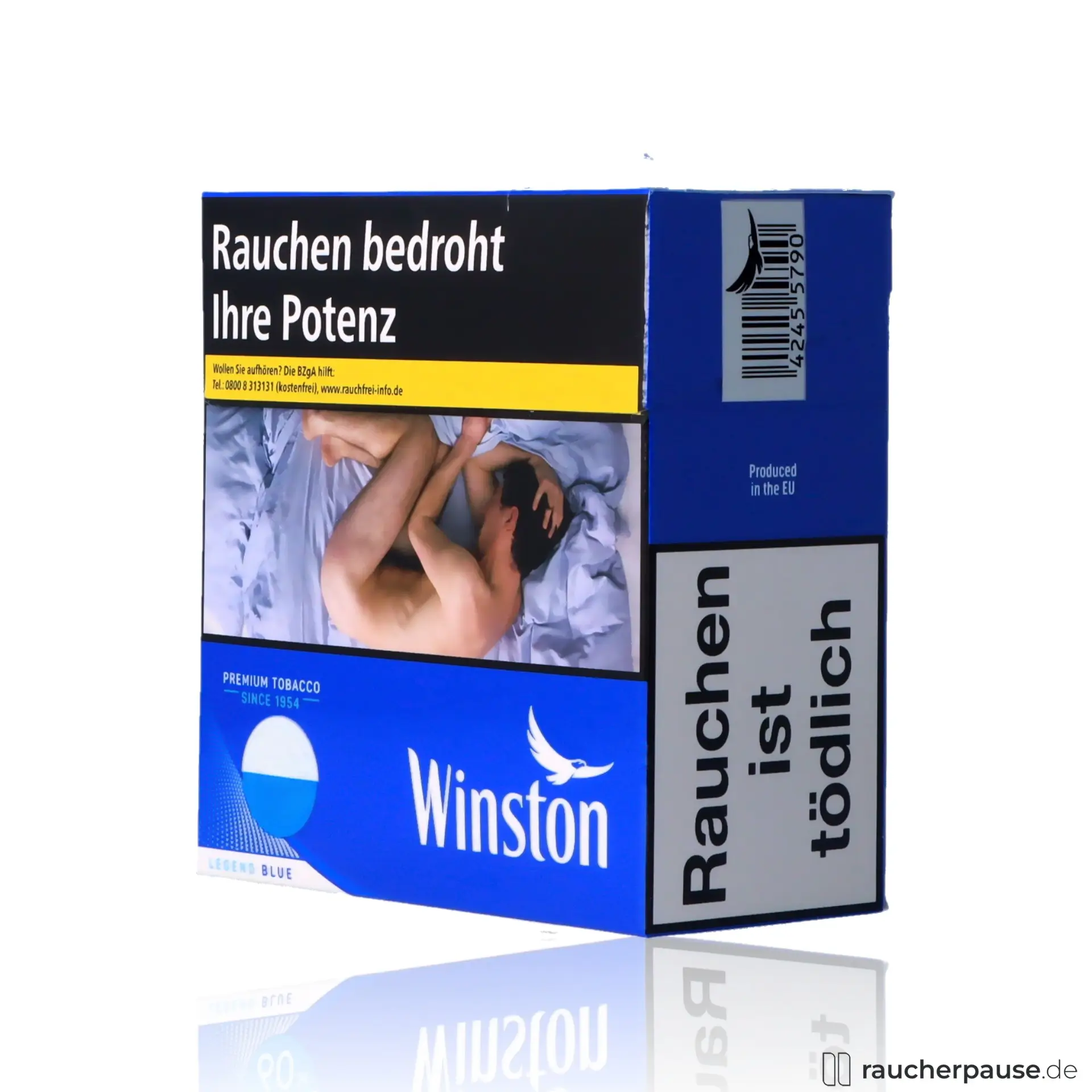 Winston Blue 6XL Zigaretten in einer Packung mit 58 Stück, erkennbar an der blauen Schachtel mit goldener Schrift.