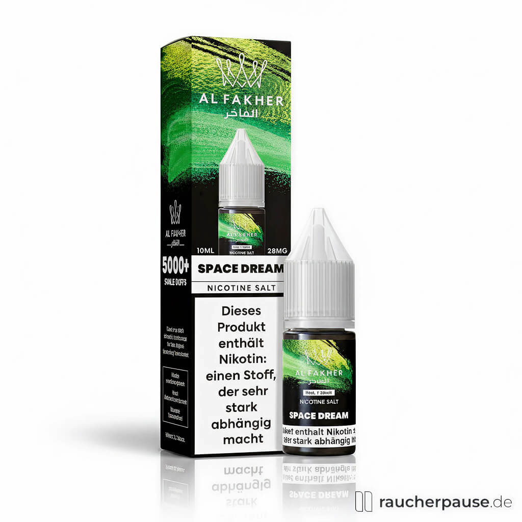 Al Fakher Space Dream Nikotinsalz Liquid 10 ml, 20 mg/ml in schwarzer Dose mit grünem Muster und weißem Deckel, stilisiertes weißes Logo.