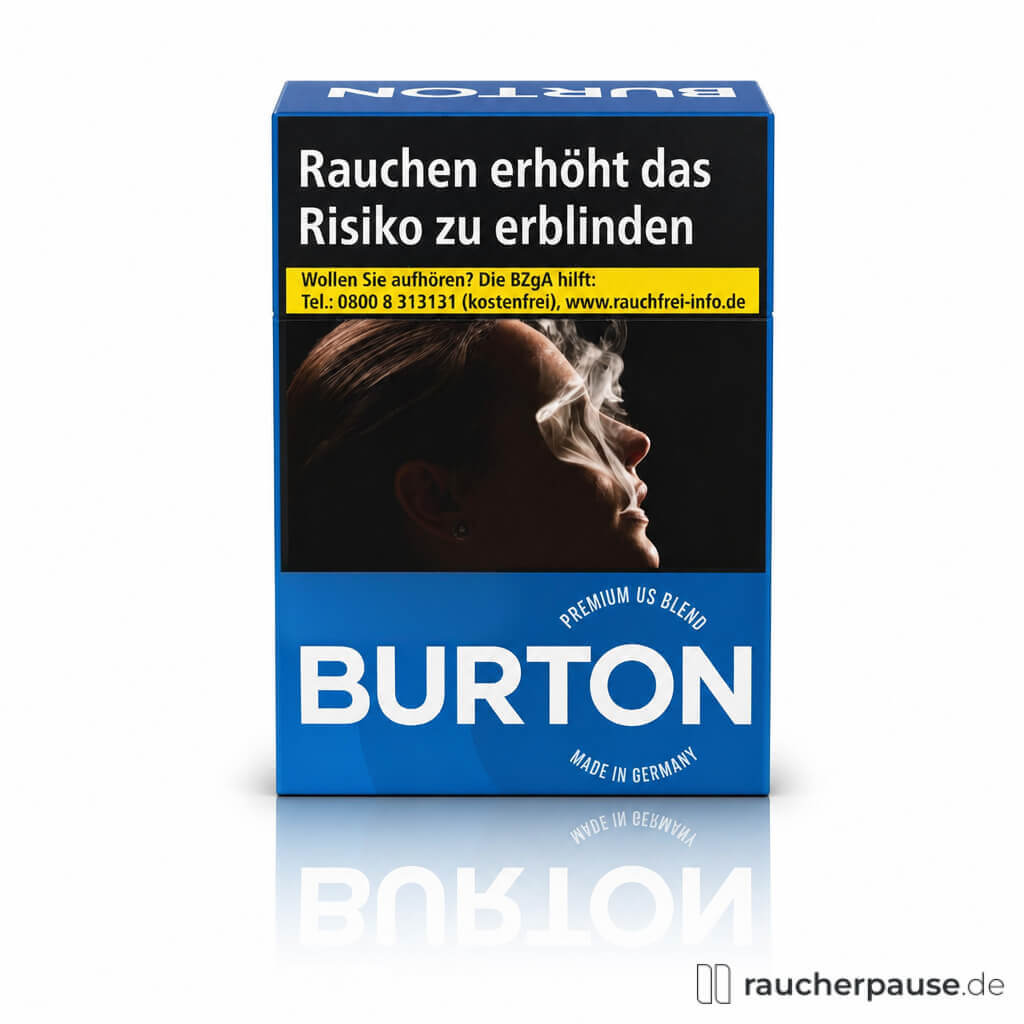 Burton Blue XXL Zigaretten, 29 Stk. pro Packung, in quadratischer Dose mit dominanter blauer Verpackung und weißem Logo auf der Vorderseite.