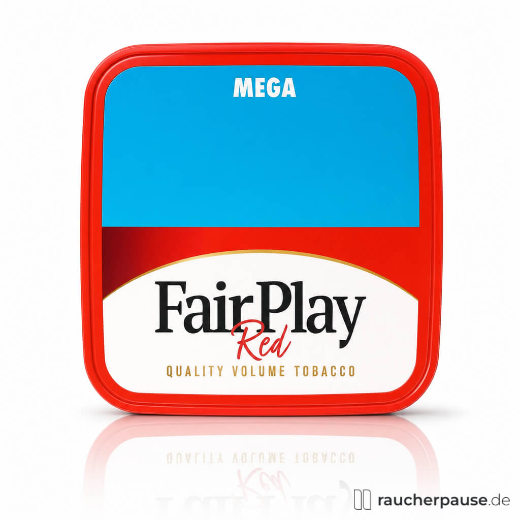 Fair Play Red Mega Box, 125g, quadratische rote Dose mit blauen Akzenten und modernem schwarzen und roten Logo auf weißem Hintergrund.