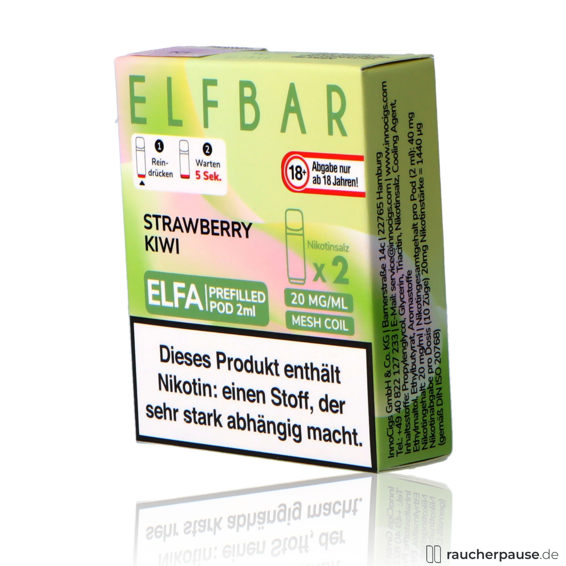 elfbar, elf bar elfa prefilled pods strawberry kiwi ml nikotin, packshot hinterseite