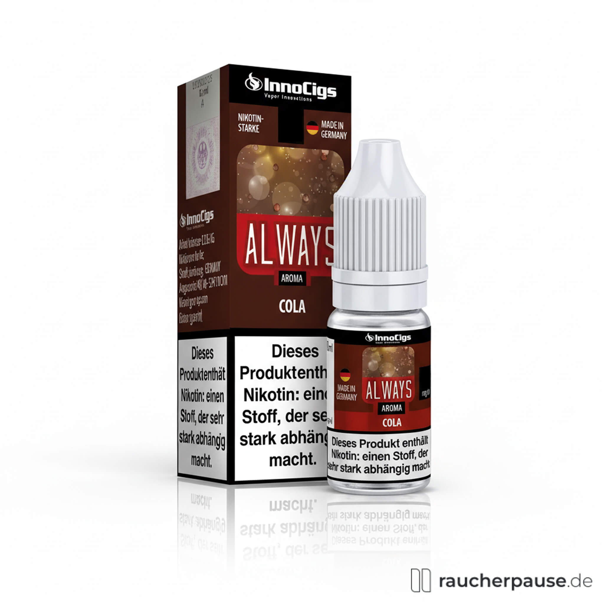 Quadratische 10ml-Flasche von InnoCigs Always Cola E-Liquid mit stilisiertem Logo und weißem Deckel in braun-roter Verpackung, 0mg Nikotin.