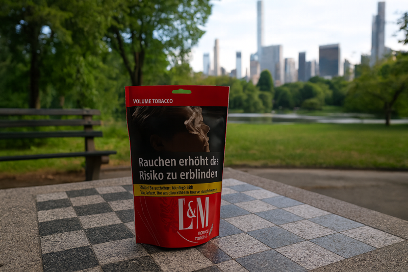 LuM Tabak Rot Beutel auf dem Schachsteintisch im New York Central Park
