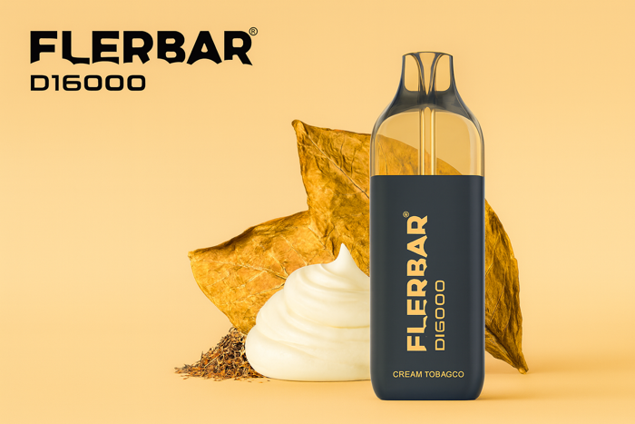 Flerbar Creamy Tobacco mit Tabakblättern und Cream daneben