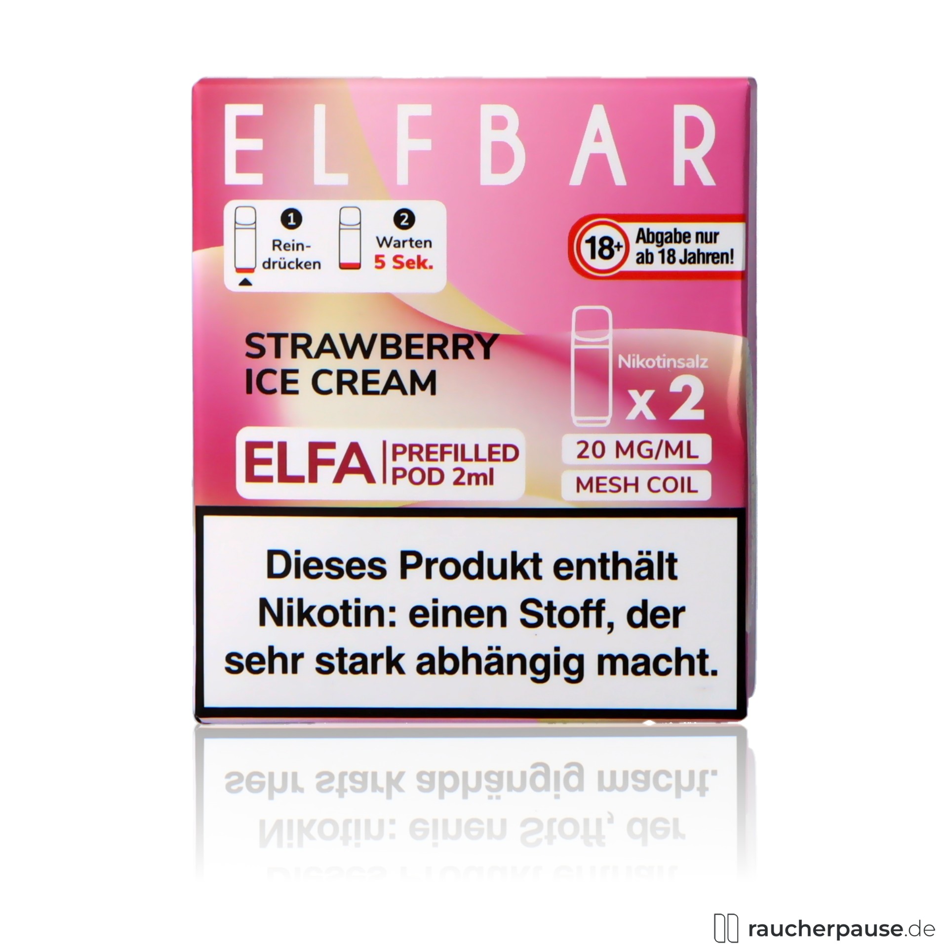 Elf Bar Elfa Prefilled Pods Strawberry Ice Cream | 20mg/ml Nikotin | 2x2ml elfbar, elf bar elfa prefilled pods strawberry ice cream ml nikotin, packshot vorderseite