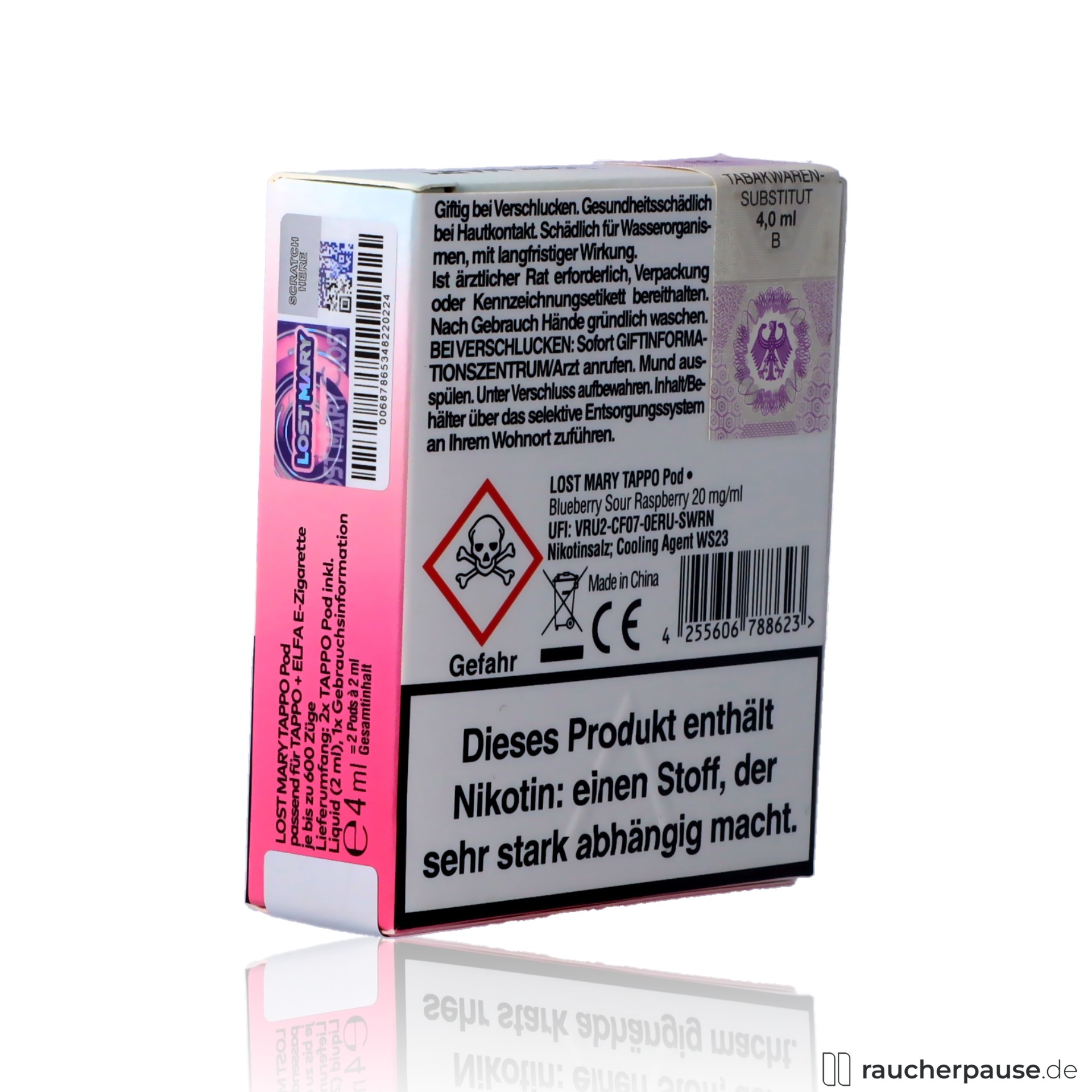 lost mary, lost mary tappo blueberry sour raspberry prefilled pods quaq mesh coil blaubeere himbeere , packshot seitlich