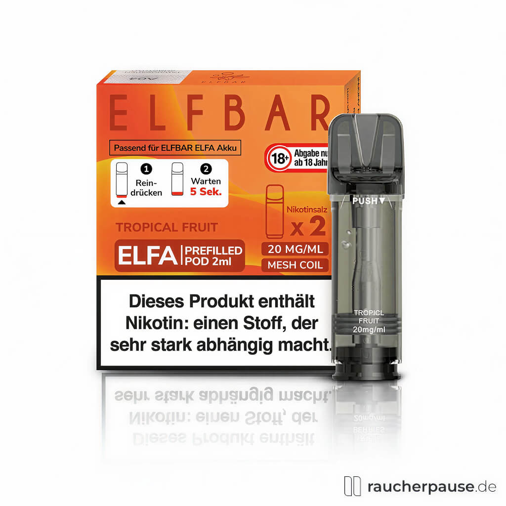 Elf Bar Elfa Prefilled Pods Tropical Fruit 20mg/ml Nikotin 2x2ml in quadratischer orangefarbener Box mit buntem ELF BAR-Logo.