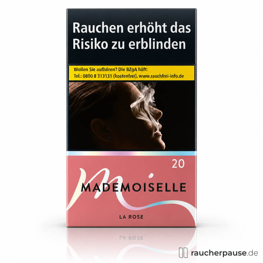 Mademoiselle La Rose Zigaretten Super Slim, 20 Stück, in einer pastellrosa, rechtwinkligen Box mit modernem Logo-Stil.