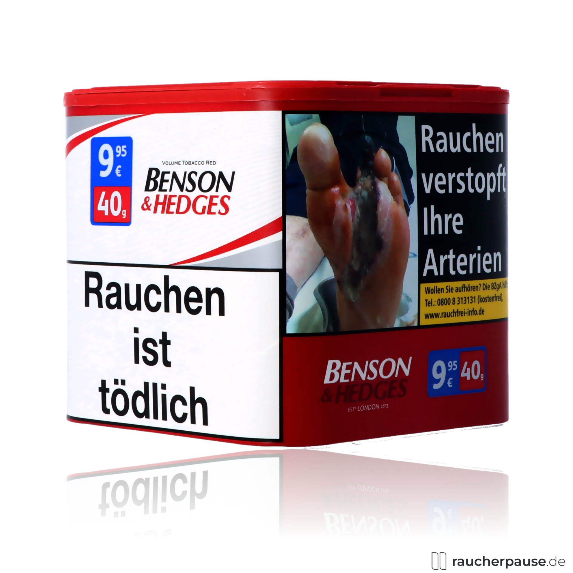 benson hedges rot volumentabak 40g dose bis zu zigaretten , packshot seitlich