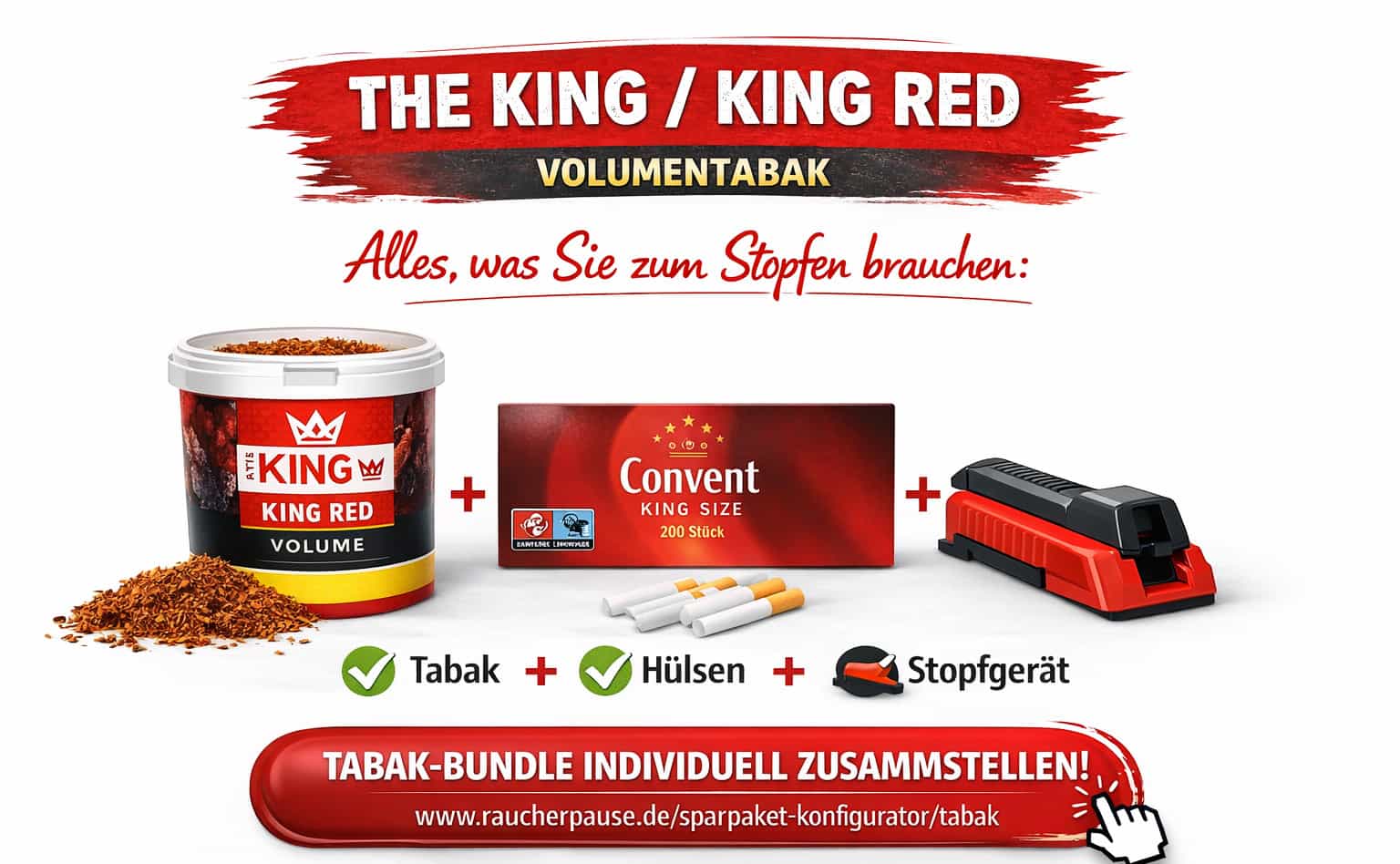 KING Red Volumentabak kaufen - Bundle mit Hülsen und Stopfgerät – Tabak Set zum Stopfen