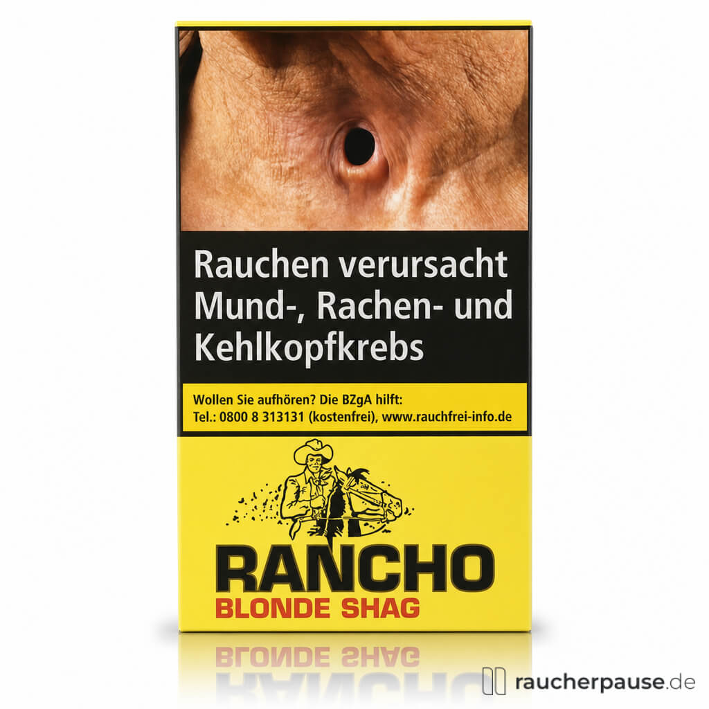 Rancho Blonde Shag, 40g Pouch, Feinschnitt in gelber Box mit schwarzen Streifen und Cowboy-Logo.