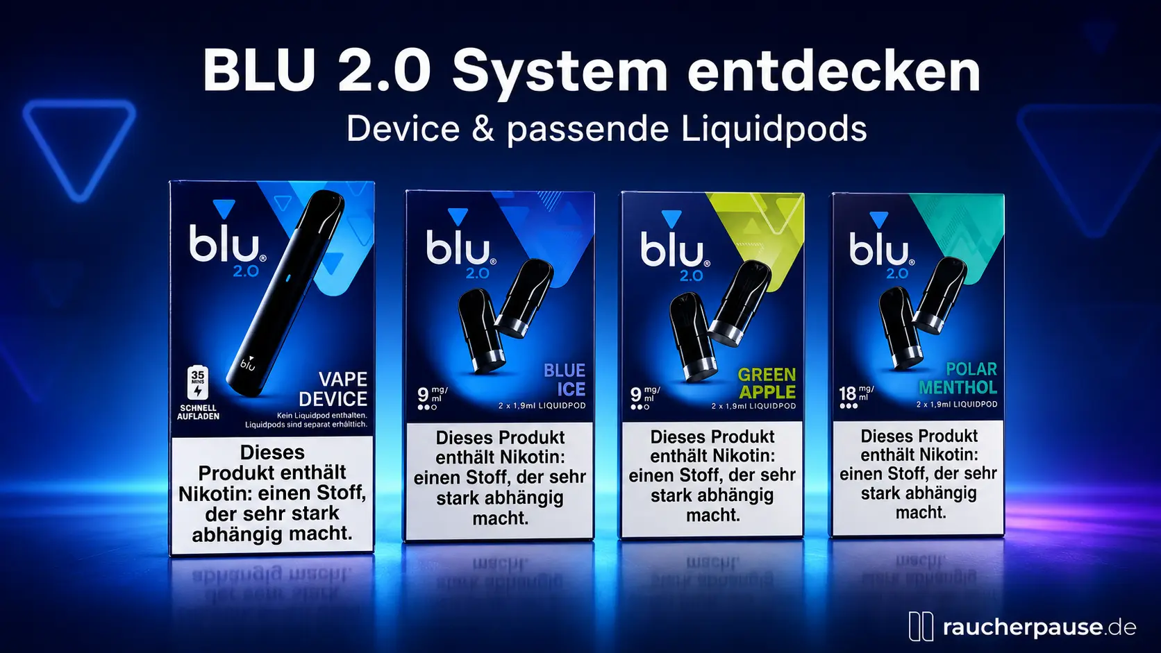 BLU 2.0 Vape Device mit Blue Ice, Green Apple und Polar Menthol Liquidpods