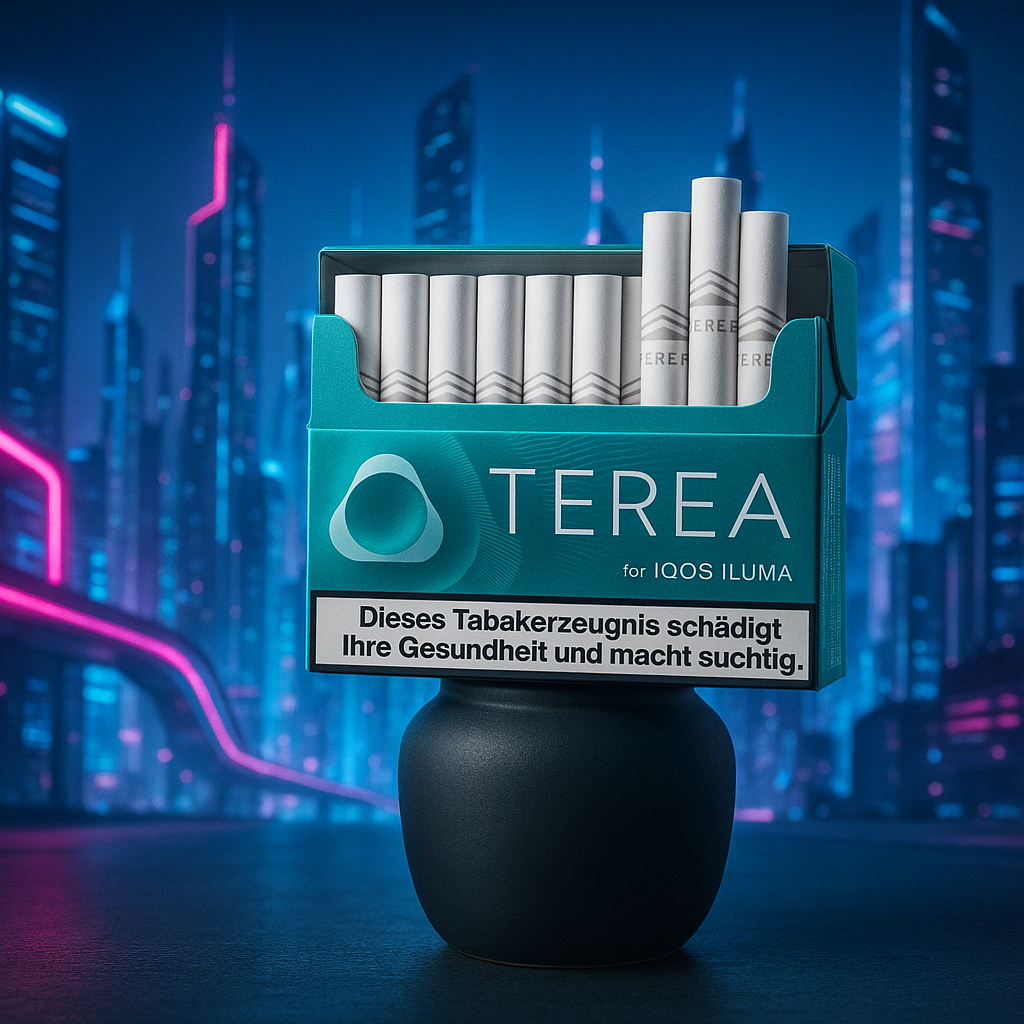 Terea Tabaksticks vor einem futuristischen Stadthintergrund