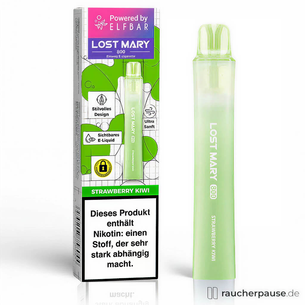 Einweg-E-Zigarette Lost Mary 800 von Elfbar in grün-weißer Verpackung mit stilvollem Design, grün-transparentem Gehäuse und Strawberry-Kiwi-Geschmack.