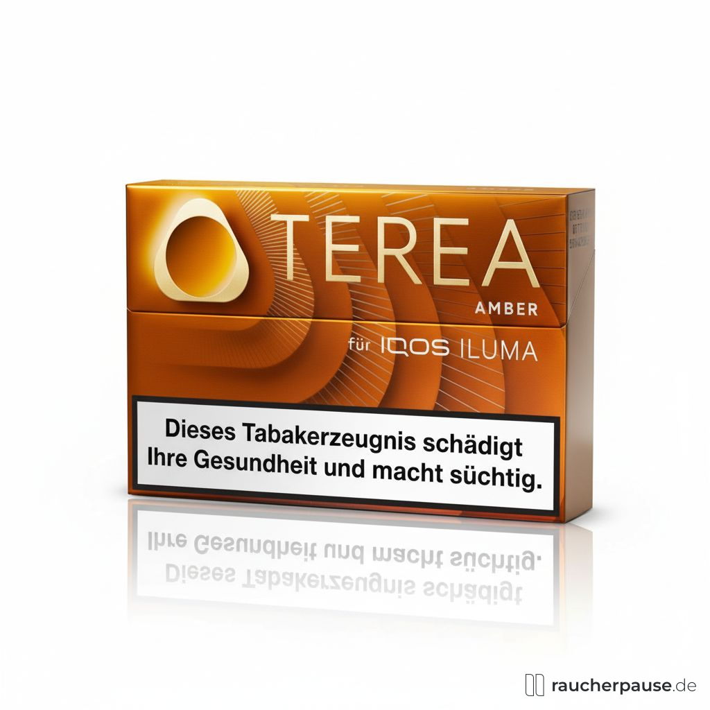 Terea Amber Tabaksticks für IQOS Iluma in einer braunen, rechteckigen Box mit glänzender Oberfläche, goldenem Ring und Wellenlinien im Braun-Ton.