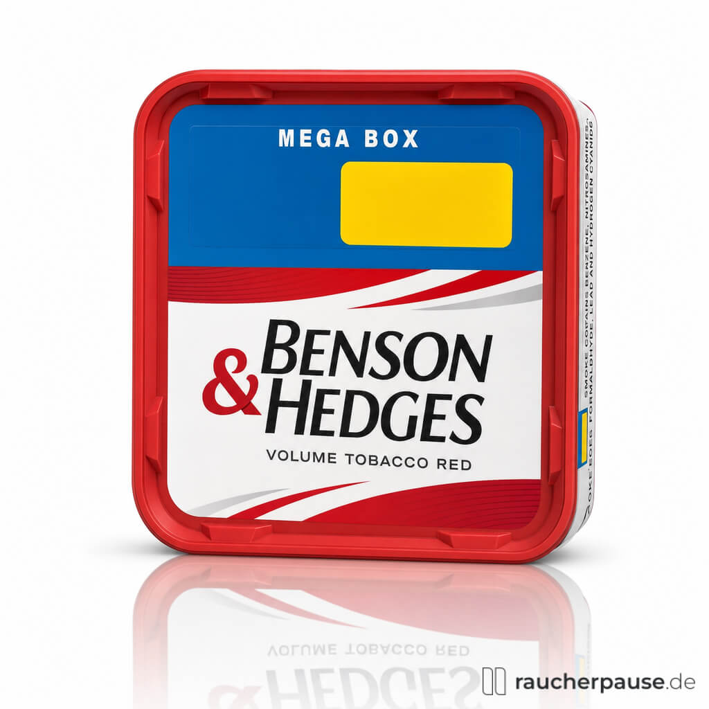 Benson & Hedges Vol. Red Mega, 115g Box, Volumentabak in roter und weißer Verpackung mit blauem Streifen und rotem schwarzen Logo auf quadratischer flacher Dose.