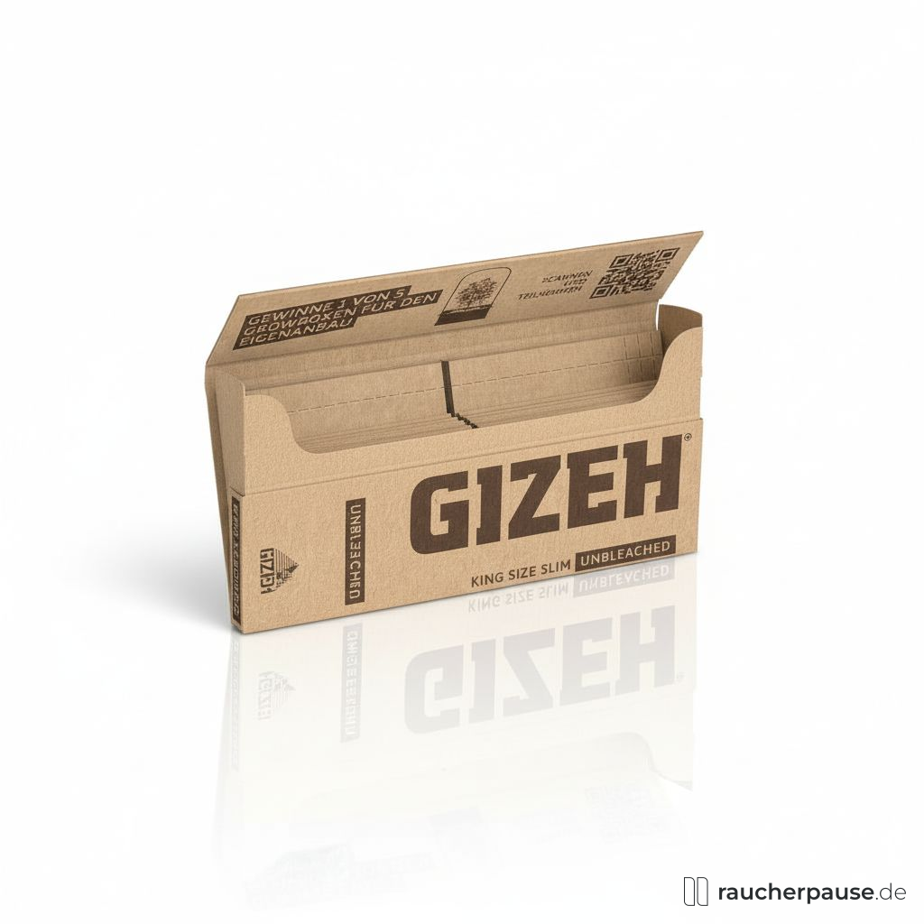 Braune Kartonbox von GIZEH Unbleached Papers mit KING SIZE SLIM und stilisiertem Baummotiv im minimalistischen Logo auf weißem Hintergrund.