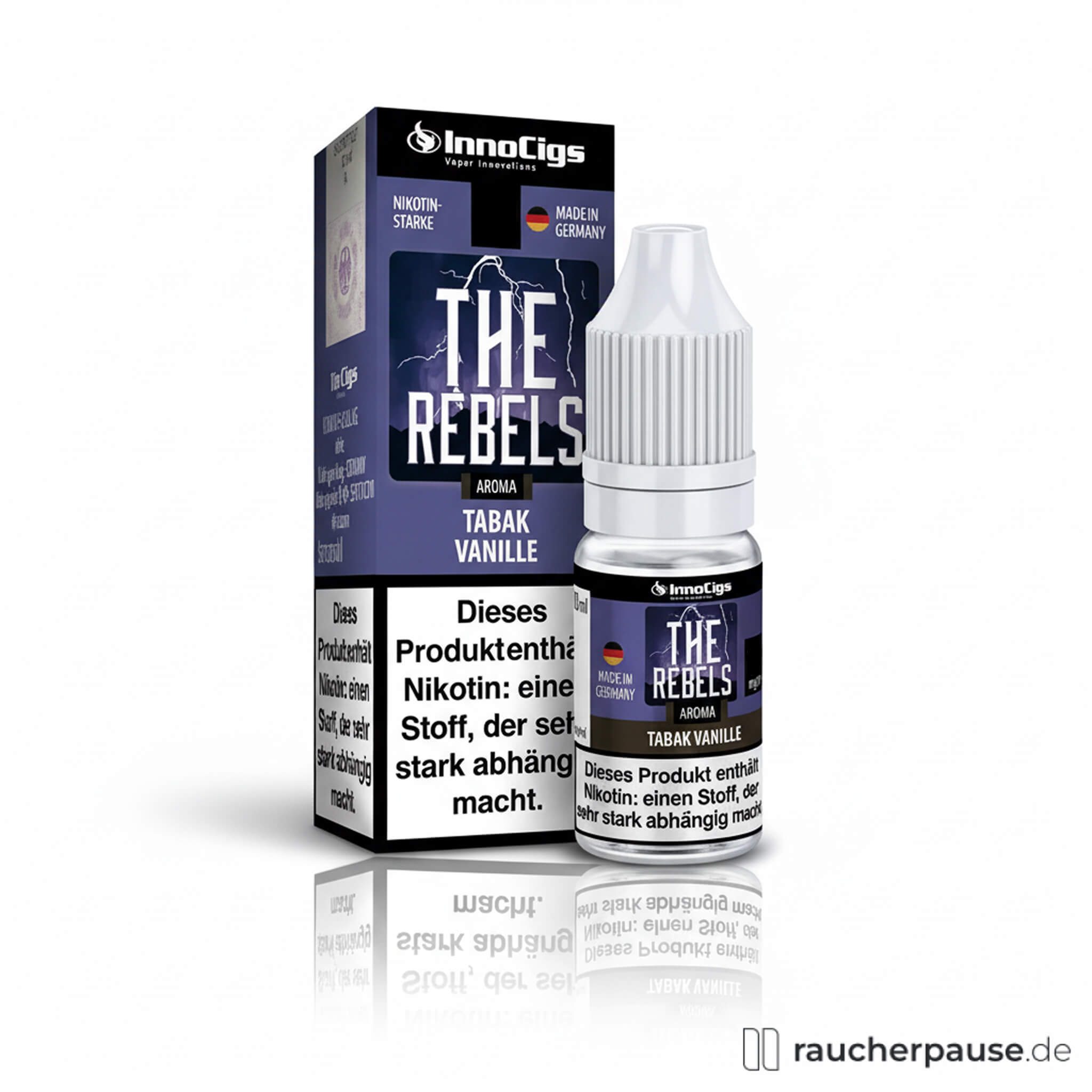 InnoCigs The Rebels E-Liquid Tabak Vanille 10ml 18mg Nikotin in quadratischer blau-schwarzer Dose mit weiß-silbernem Logo und Text auf dunkelblauem Hintergrund.