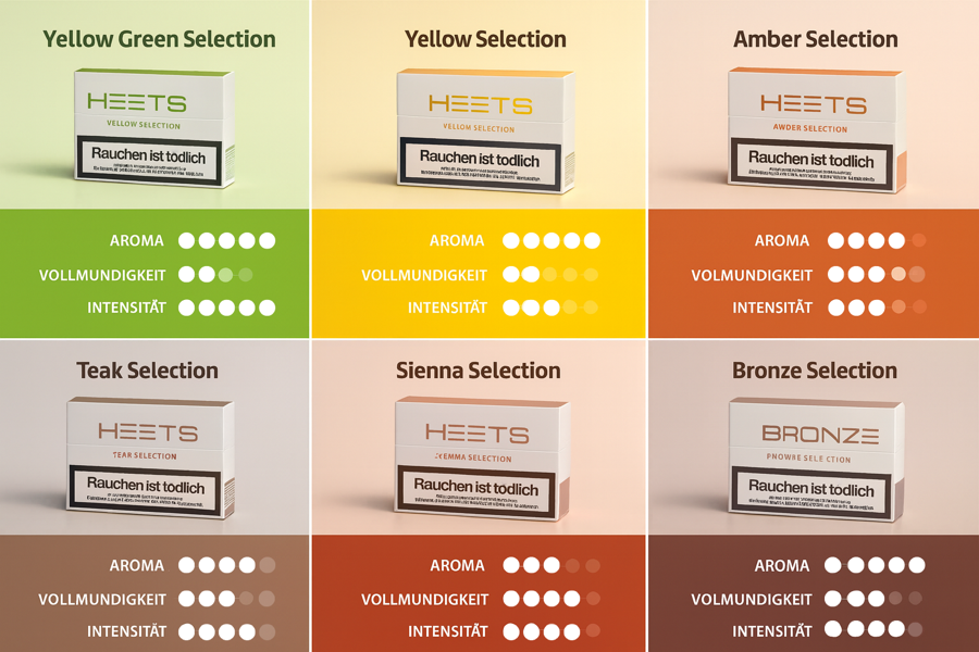 Heets Tabaksticks und ihre Aromastärken, Vollmundigkeit und Intensität im Vergleich: Yellow Green, Yellow, Amber, Teak, Sienna und Bronze
