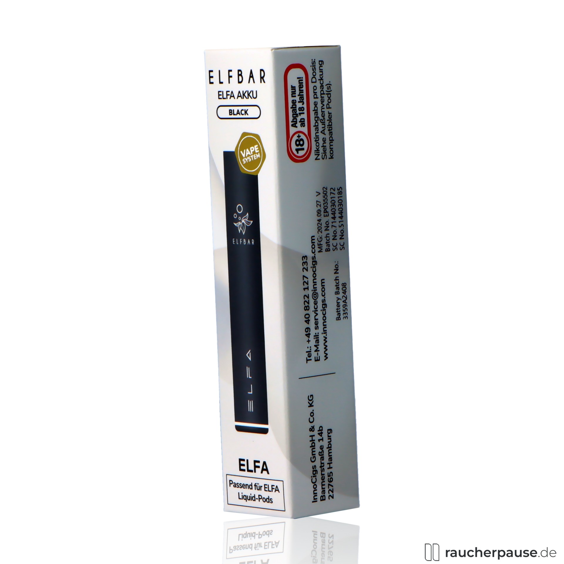 elfbar, elf bar elfa traeger schwarz e zigaretten system , packshot seitlich