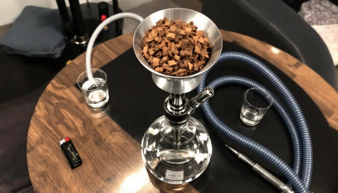Bild einer Shisha von oben, die auf einem Holztisch steht