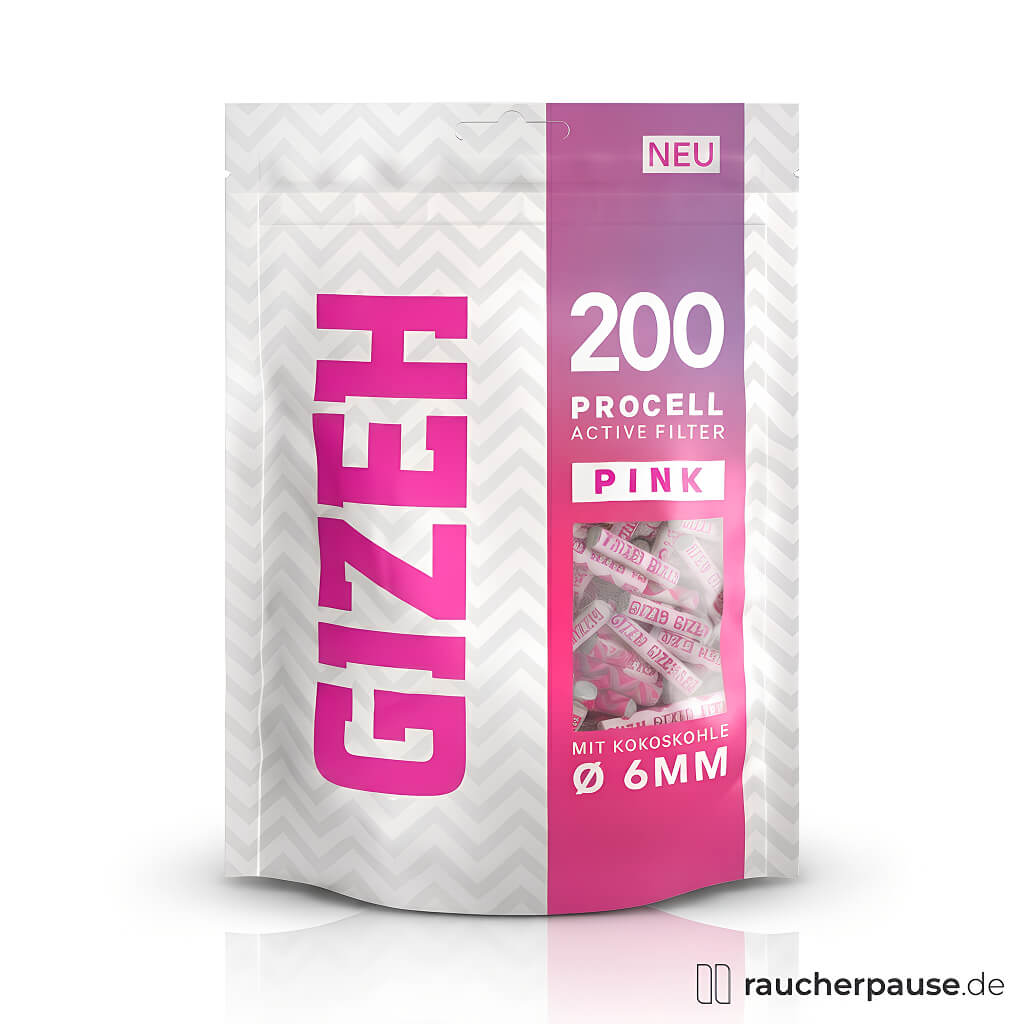 Gizeh ProCell Active Filter Pink 6 mm in transparenter Beutelverpackung mit pinkem Streifen und großem GIZEH-Logo, 200 Stück enthalten.