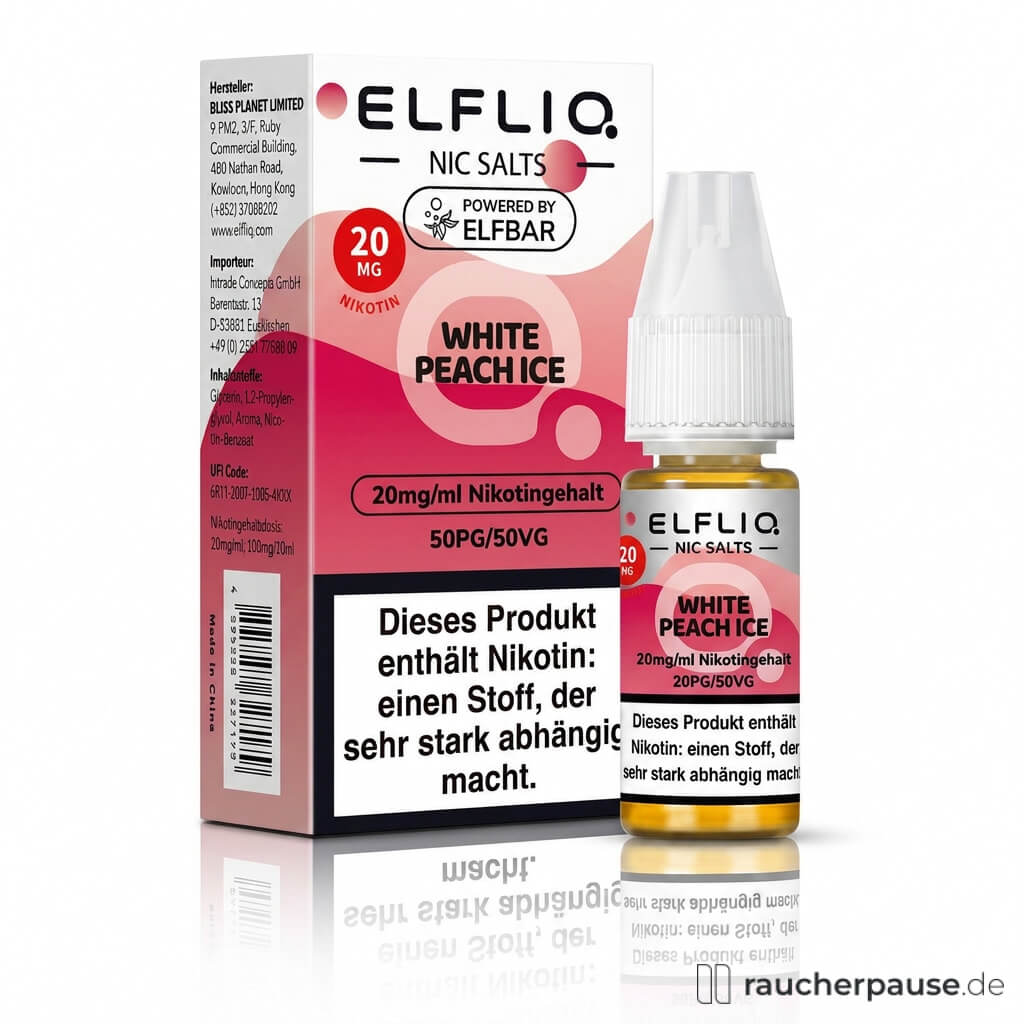 Elfliq by Elfbar White Peach Ice Nikotinsalz Liquid 10ml 20mg/ml in schmaler Dose mit weißem Deckel und rosa-weißem Etikett mit stilisiertem EL-Logo.