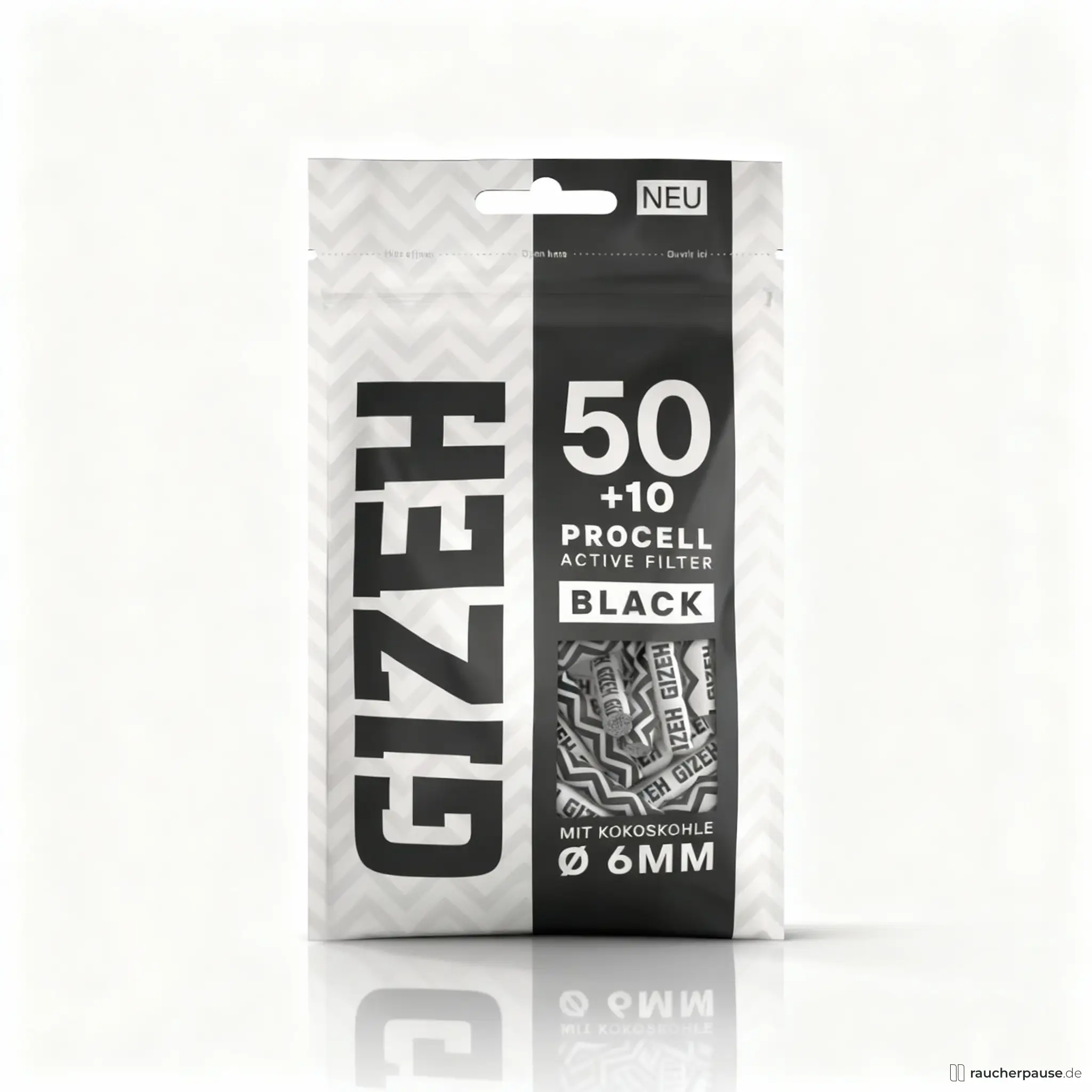 Gizeh Black Procell Aktivkohlefilter in schwarz-weißer Verpackung mit Chevron-Muster und großem Logo, 60 Stück à 6mm Durchmesser.