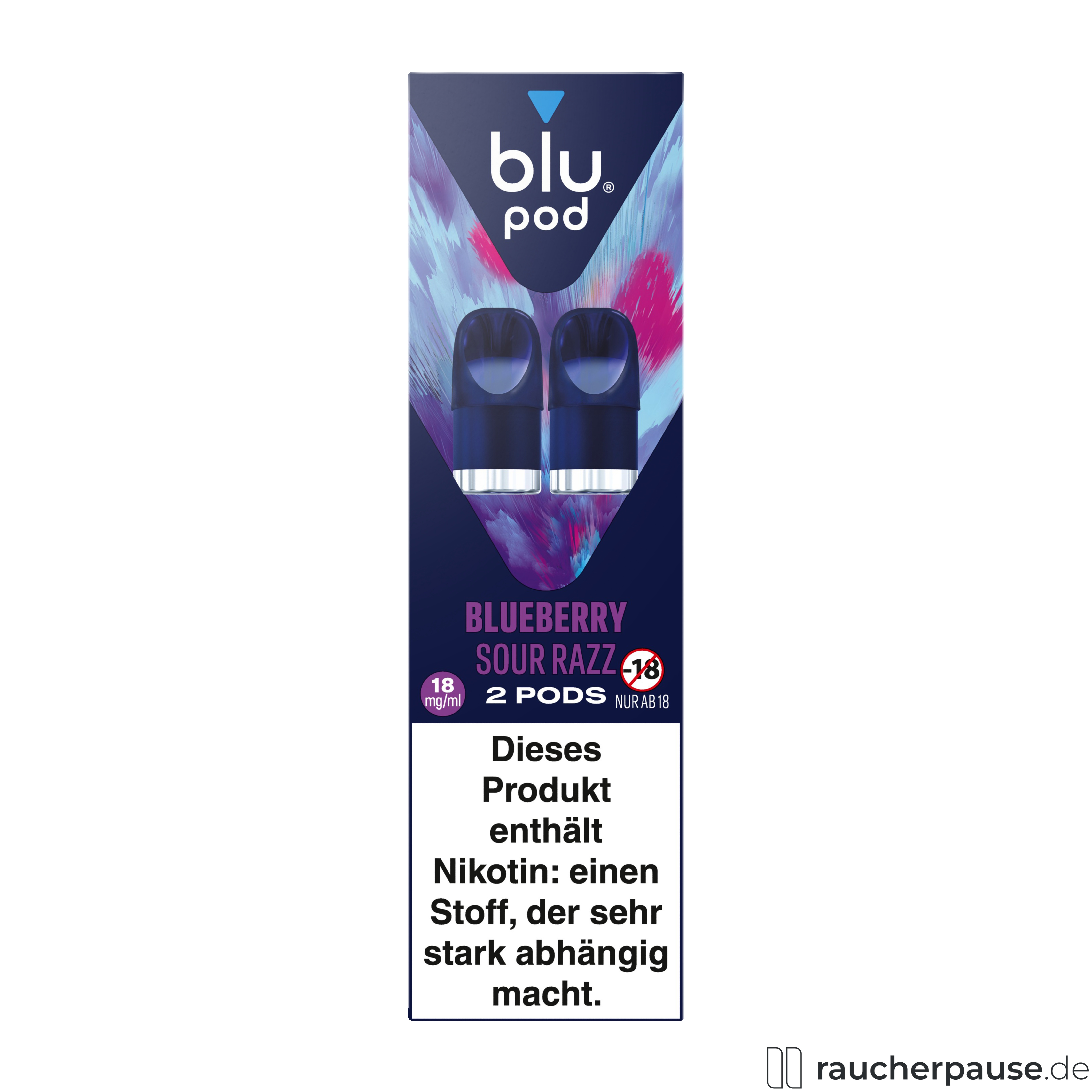 Blu Pod Blueberry Sour Razz 18mg/ml Nikotin | 2 Pods | Kompatibel mit Blu Bar Kit E-Zigarette Geschmack: Blaubeere, Saure Himbeere / Nikotingehalt: 18 mg/ml