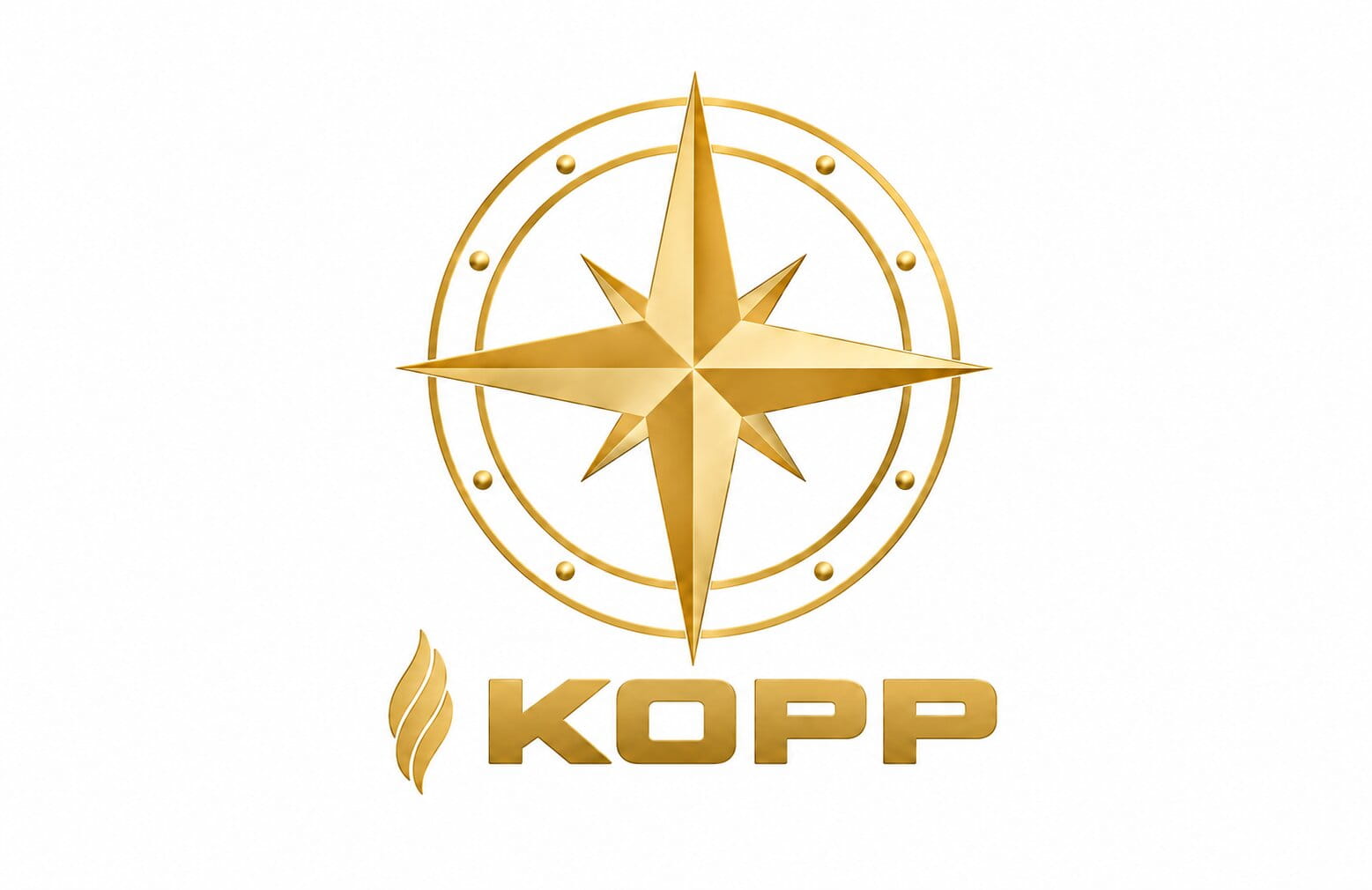 Goldenes Kopp Logo mit Kompassrose auf weißem Hintergrund
