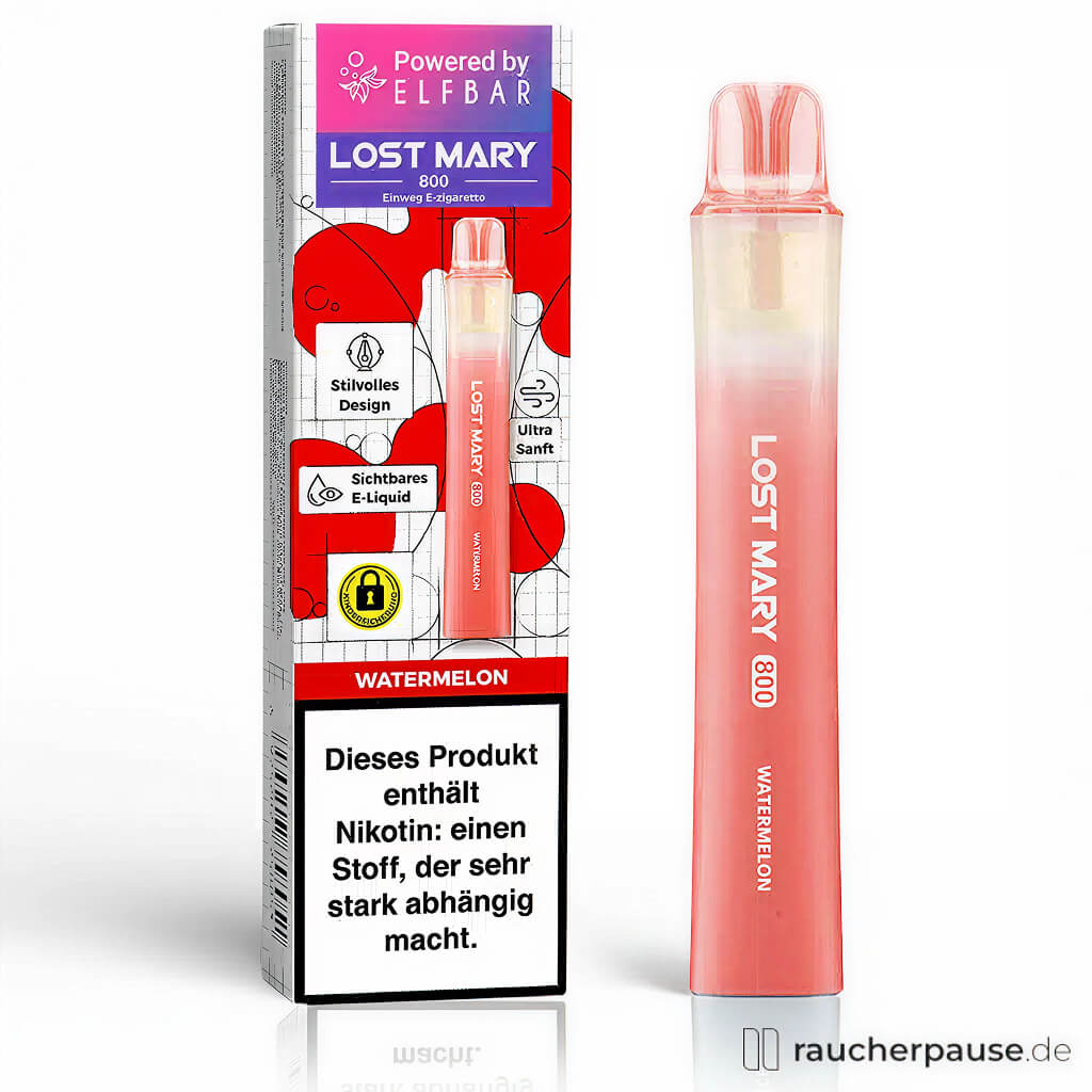 Die Lost Mary 800 Einweg E-Zigarette von Elfbar in roter und weißer Verpackung mit stilvollem Design und transparentem Zigarettenstiel, auf dem "Watermelon" steht, mit 20 mg/ml Nikotinsalz.
