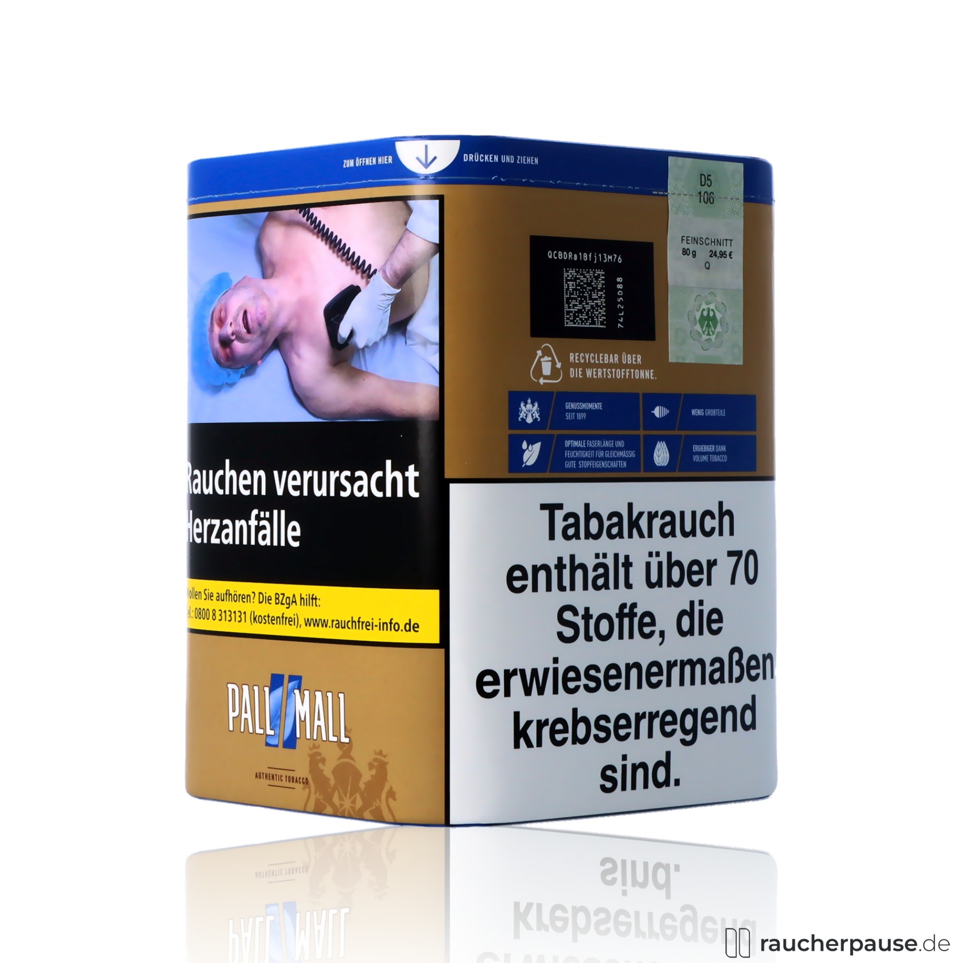 pall mall authentic blau xl volumentabak 80g dose ohne aromazusaetze , packshot hinterseite