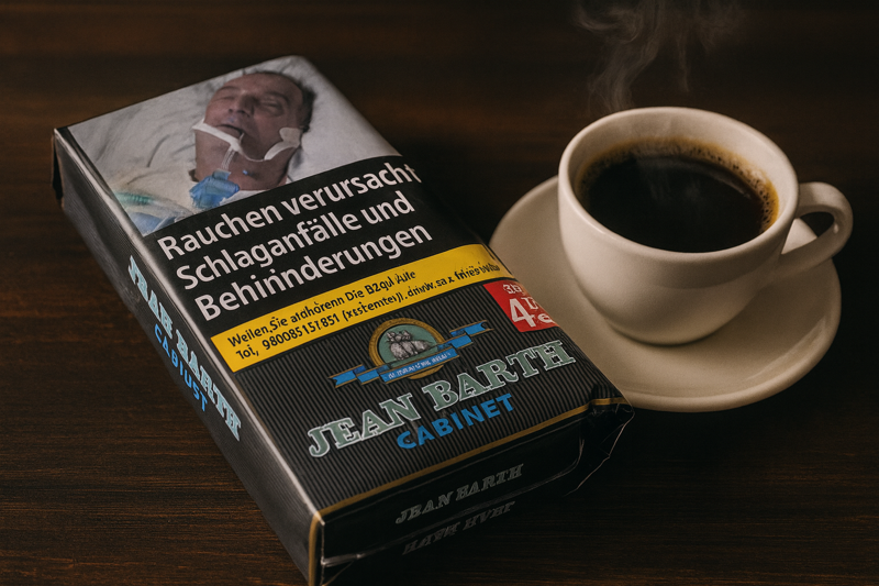 Jean Barth Tabak Pouch neben einer Tasse Kaffee