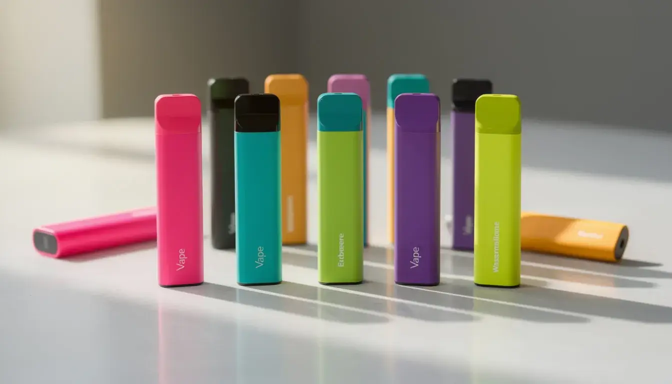 Auf einem hellen Tisch liegen verschiedene bunte Einweg-Vapes, darunter Modelle wie Elf Bar und Elfa Pod, die in einer Vielzahl von Geschmacksrichtungen erhältlich sind.