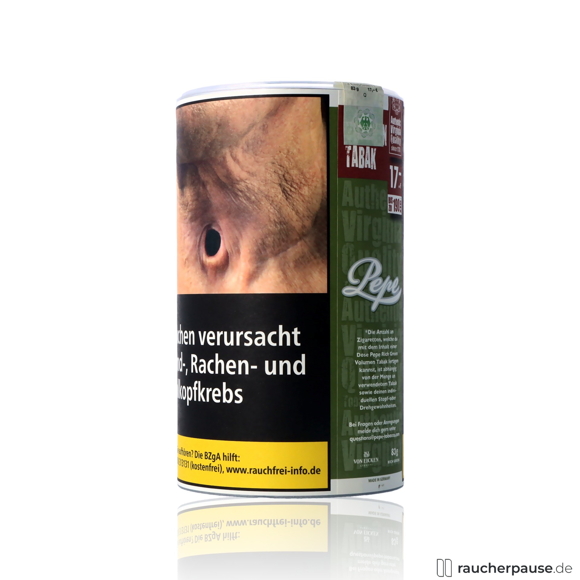 rich green volumentabak 83g dose prozent virginia natuerlich zusatzfrei , packshot vorderseite