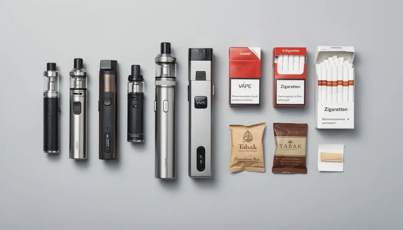 Verschiedene Zigaretten Alternativen, wie Vapes, Zigarillos, Nikotinbeutel nebeneinander aufgereiht auf einem grauen Hintergrund