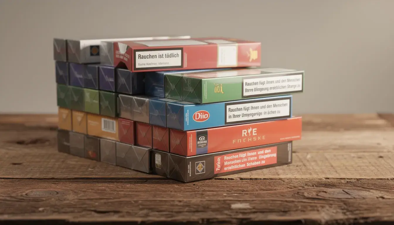 Verschiedene Zigaretten Packungen liegen gestapelt auf einem Holztisch.