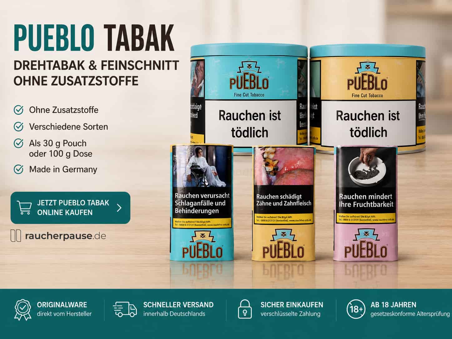 Pueblo Tabak Banner mit Pueblo Blue, Classic und Pink als Pouch und Dose, Hinweis auf Drehtabak und Feinschnitt ohne Zusatzstoffe bei raucherpause.de