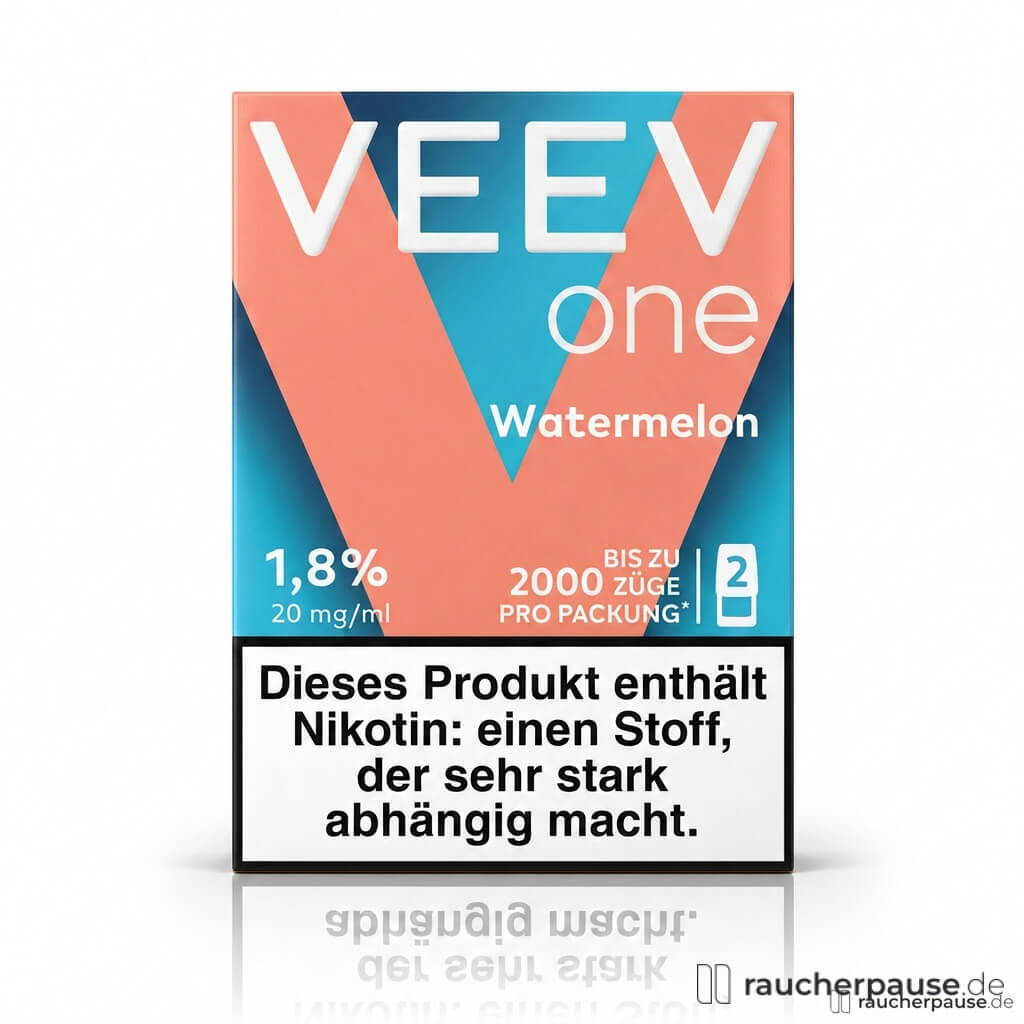 VeeV One Pod Watermelon, 20mg/ml Nikotin, 2 Pods, in auffälliger Verpackung mit weißem Logo auf rotem und blauem Hintergrund.