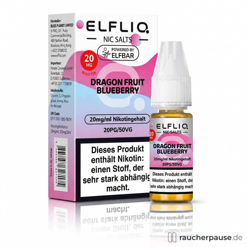Elfliq by Elfbar Dragon Fruit Blueberry Nikotinsalz Liquid 10ml 20mg/ml in ovaler pink-blauer Dose mit ELFLIQ Logo und weißem Verschluss.