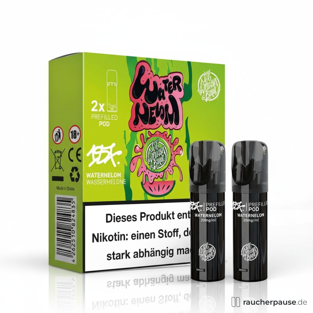 187 Strassenbande Pods in grüner Box mit Wassermelonen-Motiv und pink-grünem Logo in stylischem Handzeichnungsstil, 20mg/ml Nikotin, Wassermelone.