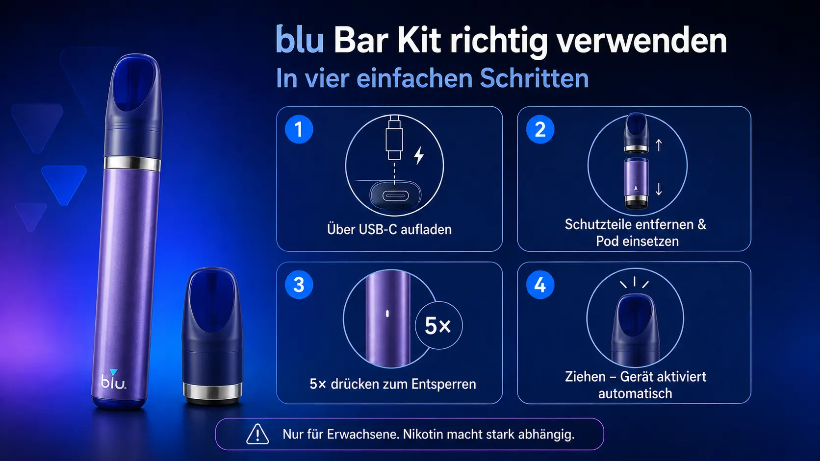 Violett-blaues blu Bar Kit mit vier Schritten zum Aufladen, Einsetzen des Pods, Entsperren und Verwenden der Zugautomatik