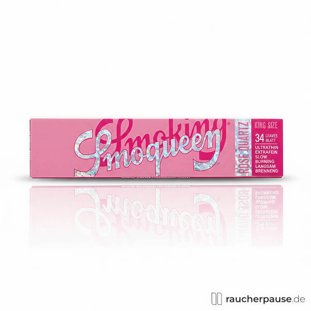 Smoking Smoqueen Blättchen Rose Quartz King Size, 108 x 44 mm, in einer eleganten pastellrosa Box mit glänzendem silbernen Logo.