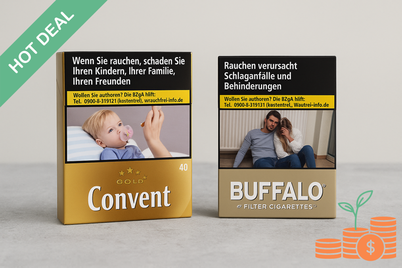 Bild von einer Convent Gold un Buffalo Zigarettenpackung mit "Hot Deal" Banner