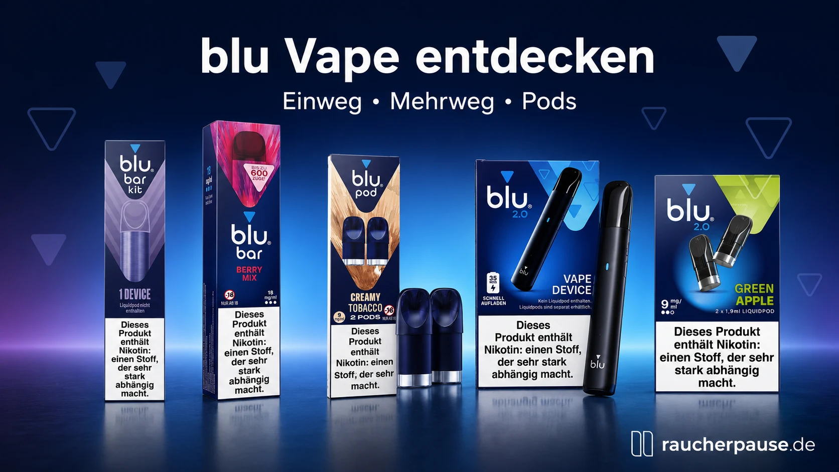 blu Produktlinien mit blu Bar Einweg-Vape, blu Bar Kit, blu Pods, BLU 2.0 Vape Device und BLU 2.0 Liquidpods