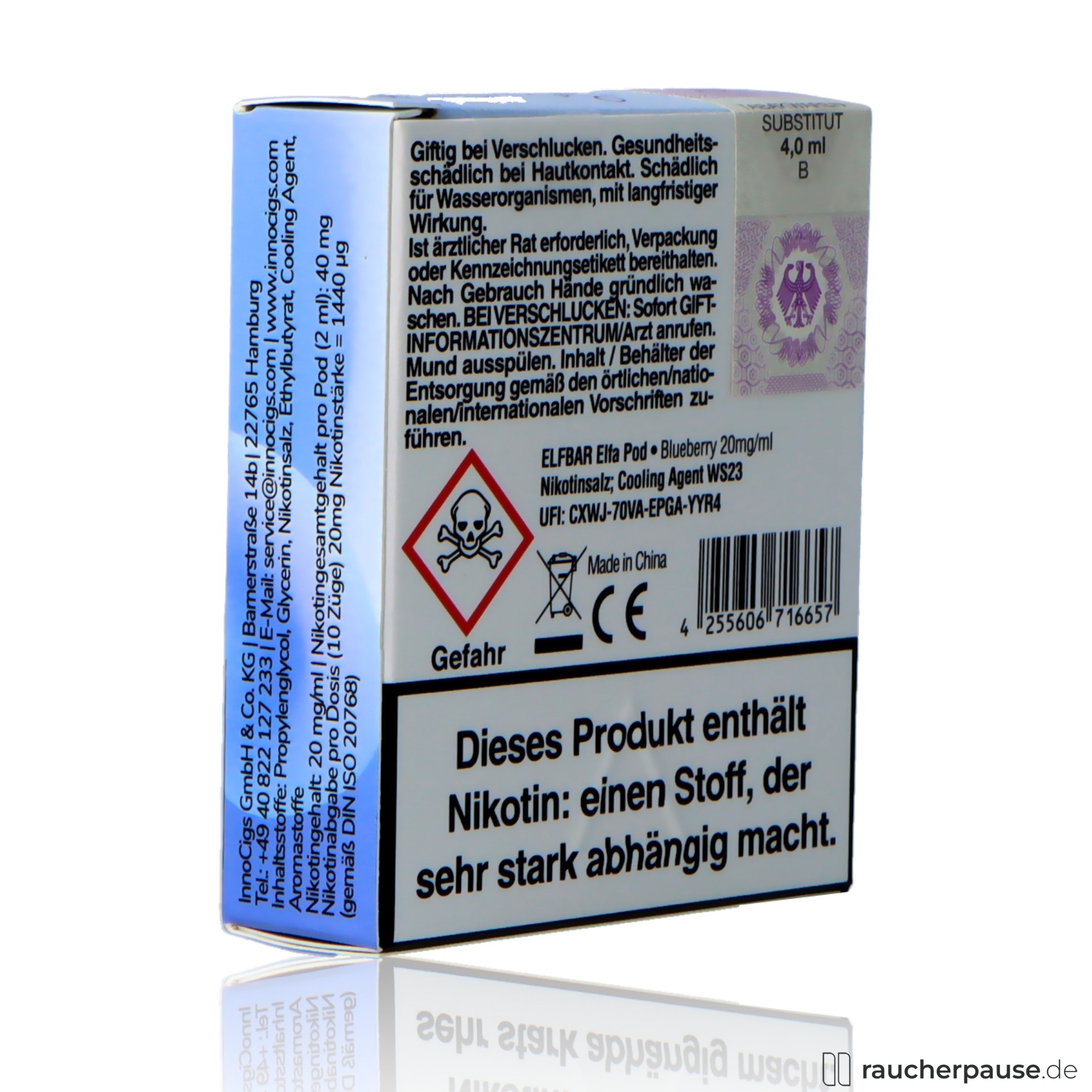 elfbar, elf bar elfa prefilled pods blueberry ml nikotin, packshot seitlich