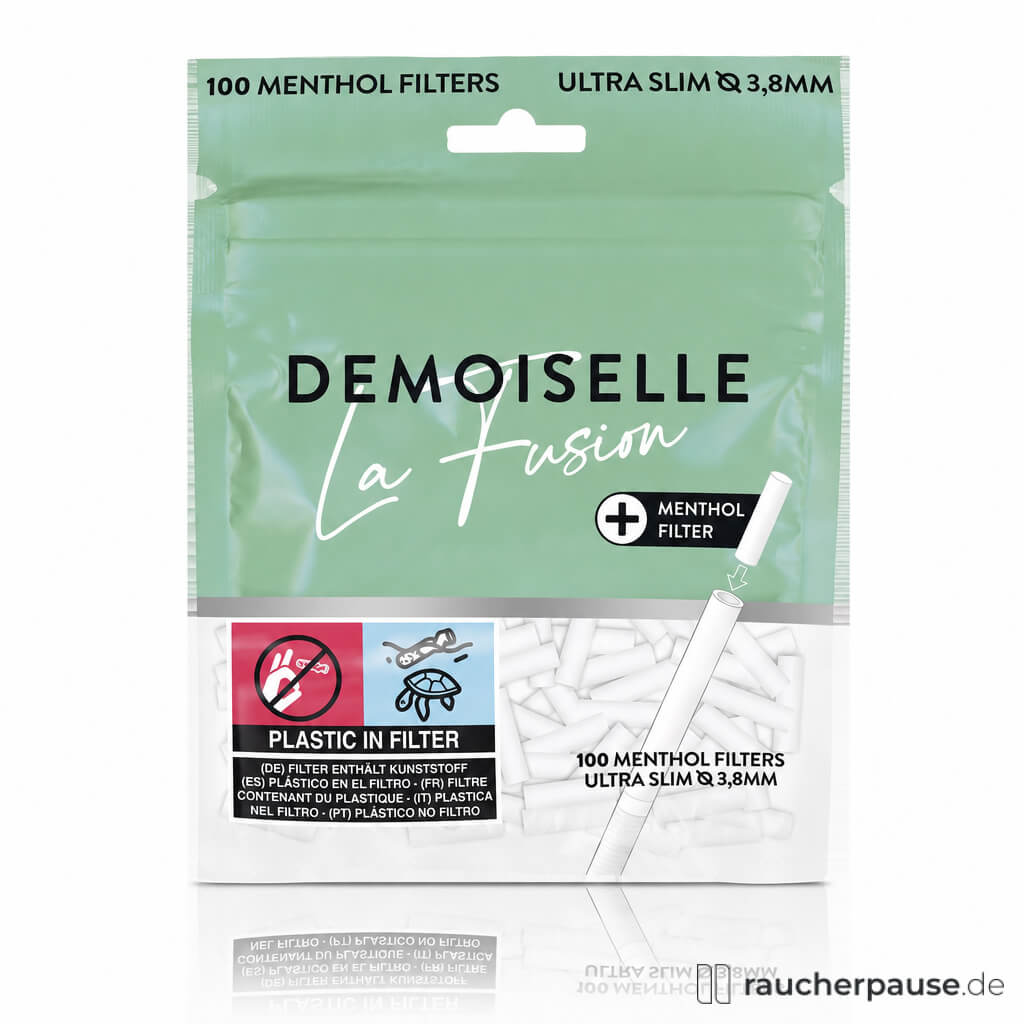 Demoiselle La Fusion Filter Tips, 100 Stück, in grüner Beutelverpackung mit transparentem Fenster und weißem Logo, für Ultra-Slim-Zigaretten mit 3,8 mm Durchmesser.
