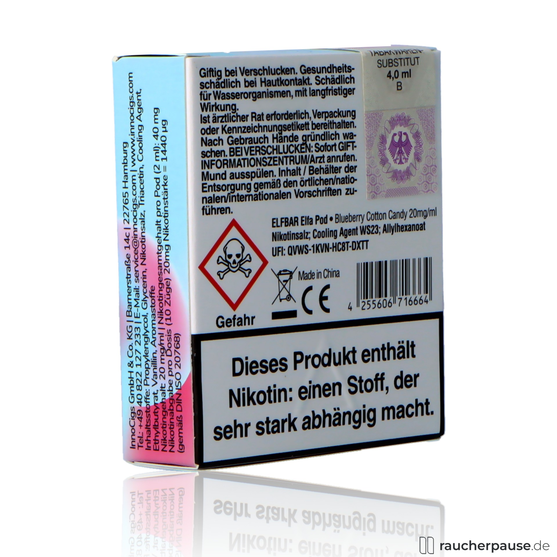 elfbar, elf bar elfa prefilled pods blueberry cotton candy ml nikotin, packshot seitlich